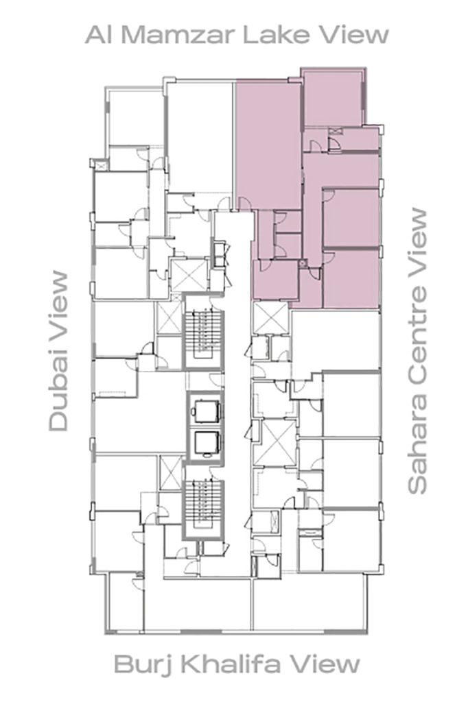 Location map of 3 bedroom unit in Sahara Tower 6 showing Al Mamzar Lake and Sahara Centre views