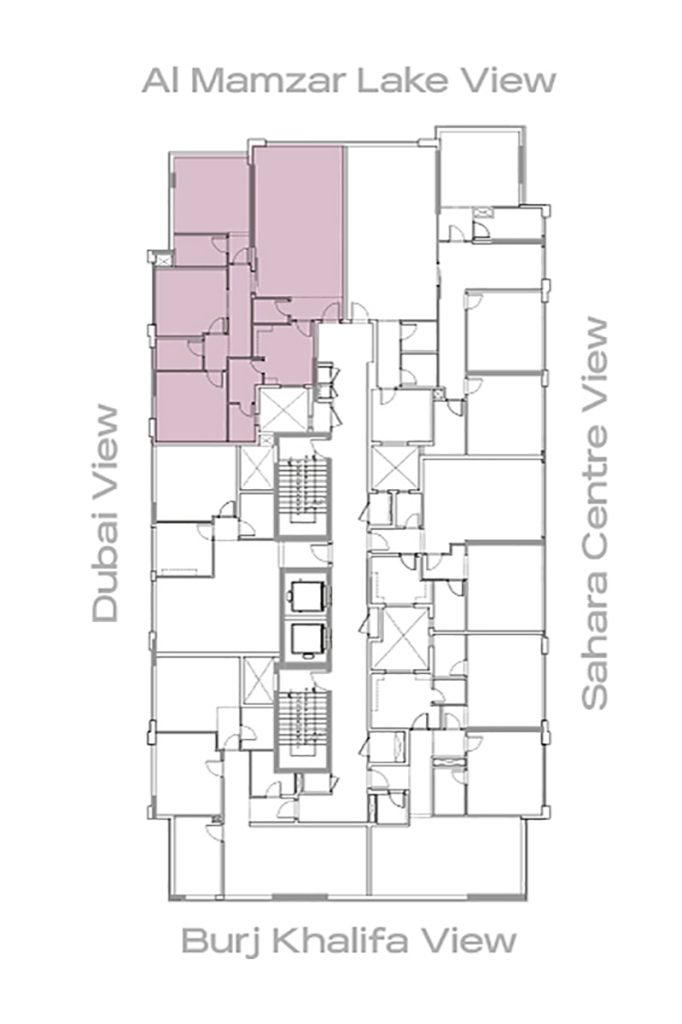 Orientation of 3 bedroom unit in Sahara Tower 6 facing Dubai skyline and Al Mamzar Lake